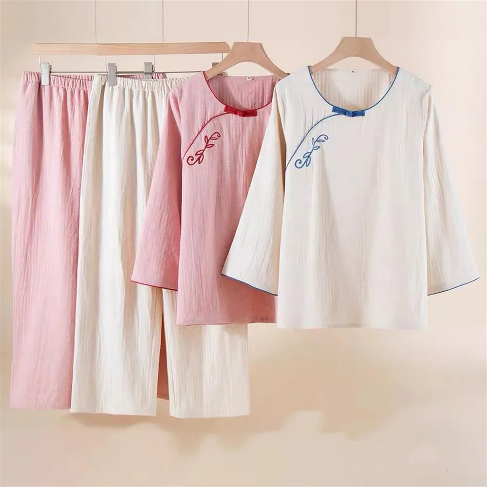 Spring and Summer Chinese Style Cotton Loose Solid Color Long Sleeve Pullover Pants Pajama Set for Women Sleepwear
