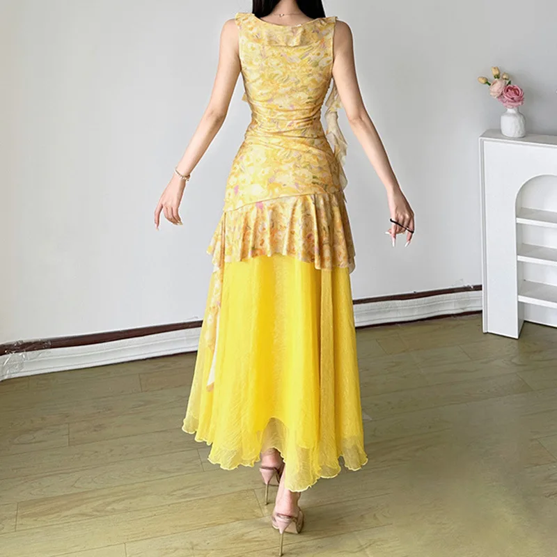 „Zeyla 2025 Sommer-Sommerkleid mit Blumenmuster für Damen, V-Ausschnitt, Rüschen, durchsichtiges Maxikleid, gelbes Strandurlaub-Outfit“