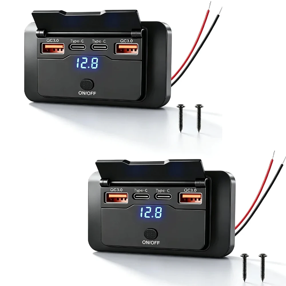 Multiports Car Charger Socket Adapter PD QC3.0 Fast Charger with Touch Switch Voltage Display for 12V-24V Bus Camper Boat ATV