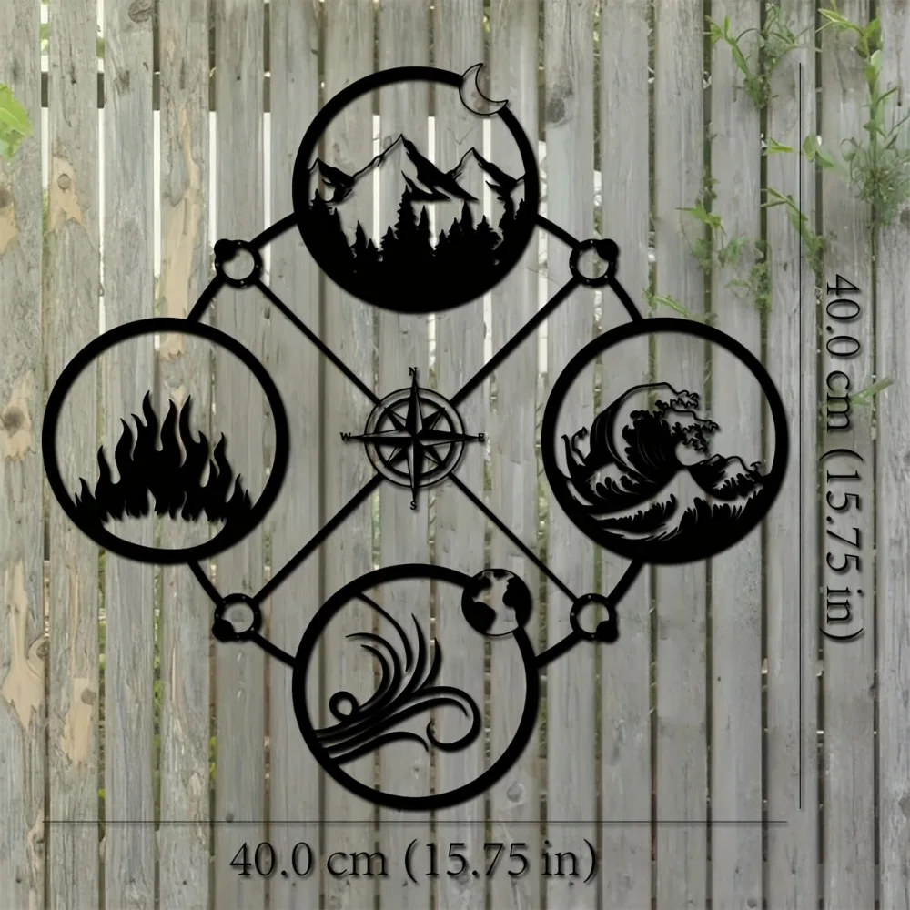 CIFBUY Four Elements Sculpture Metal Wall Art, 15.75 Inch Fire Water Earth Air Celestial Compass Decor for Home Patio Balcony