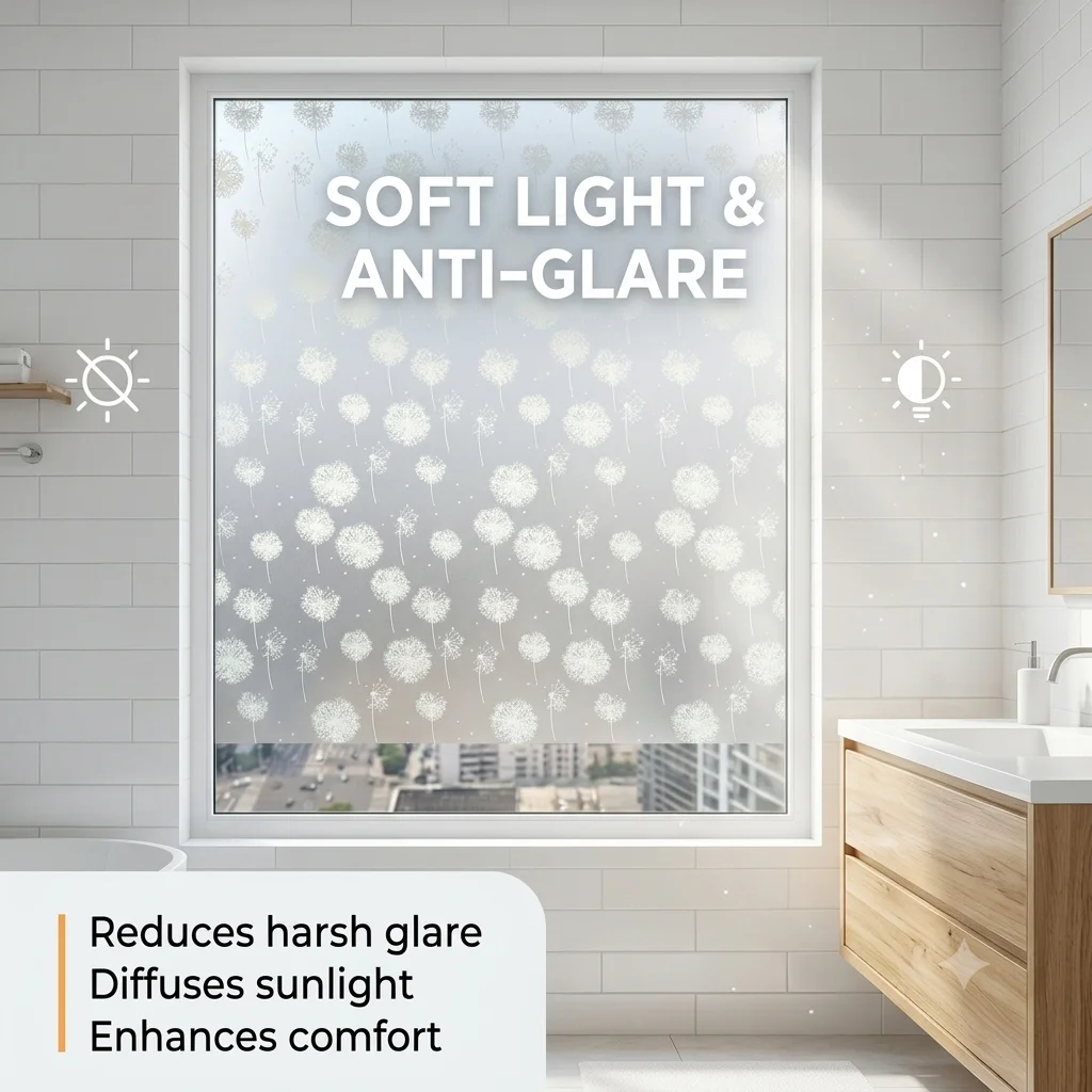 Dandelion Pattern Frosted Privacy Window Film Self-Adhesive Glass Sticker Anti-Glare Light Filter Removable Home Decor Decal