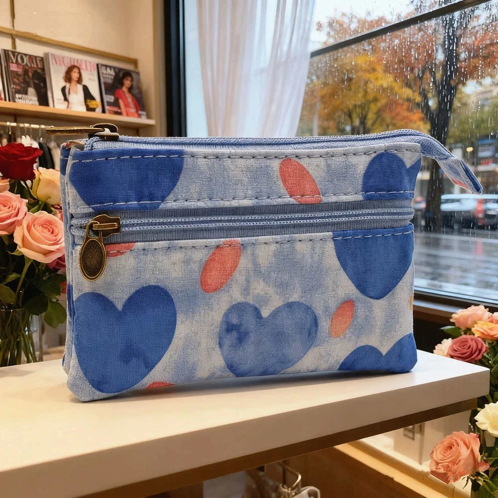 Fresh Country-Style Fabric Print Design Double-Zipper Four-Layer Cotton Women's Coin Purse ID Card Holder