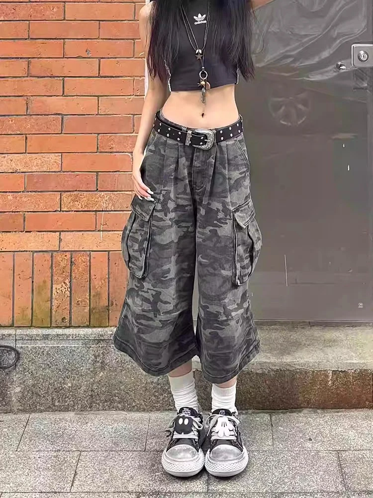 

American Retro Camouflage Denim Seven-Foot Pants Men Women Summer Trendy Streetwear Casual Loose Multi-ket Workwear orts