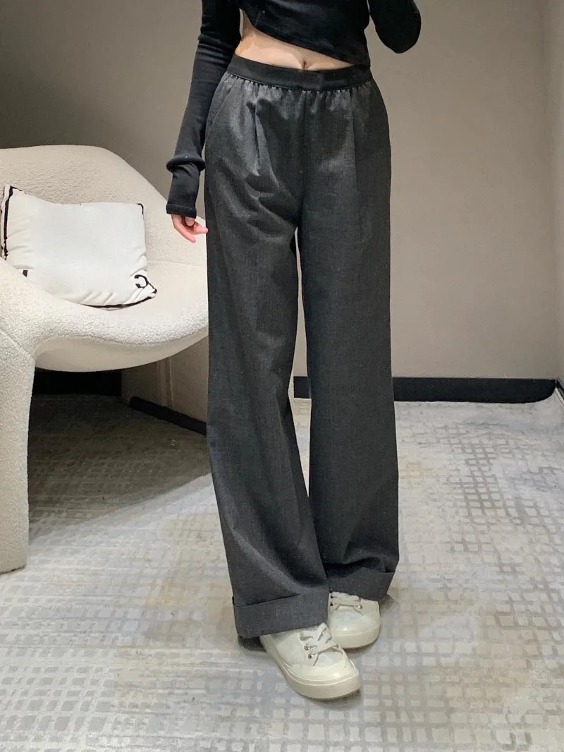 2024 Autumn New Women's Pants Fashion Trend Versatile plaid Wool High Waist Straight Leg Wide Leg Casual Pants