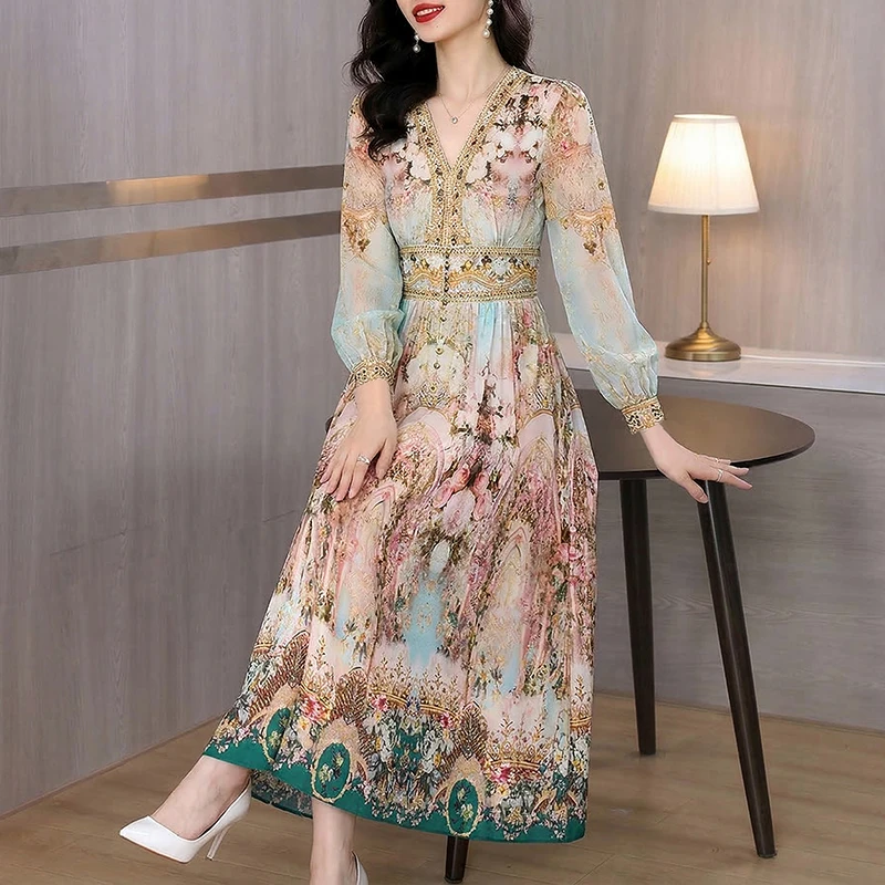2026 Luxury Silk Casual Midi Dress Summer Women's Vintage Print Elegant Evening Prom Dress Spring Holiday Boho Hepburn Vestidos