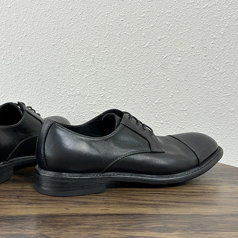Men Retro Cow Leather Derby Shoes Lace‑up Low-top Comfort Dress Shoes for Daily Work Office Casual Occasions Wedding Shoes