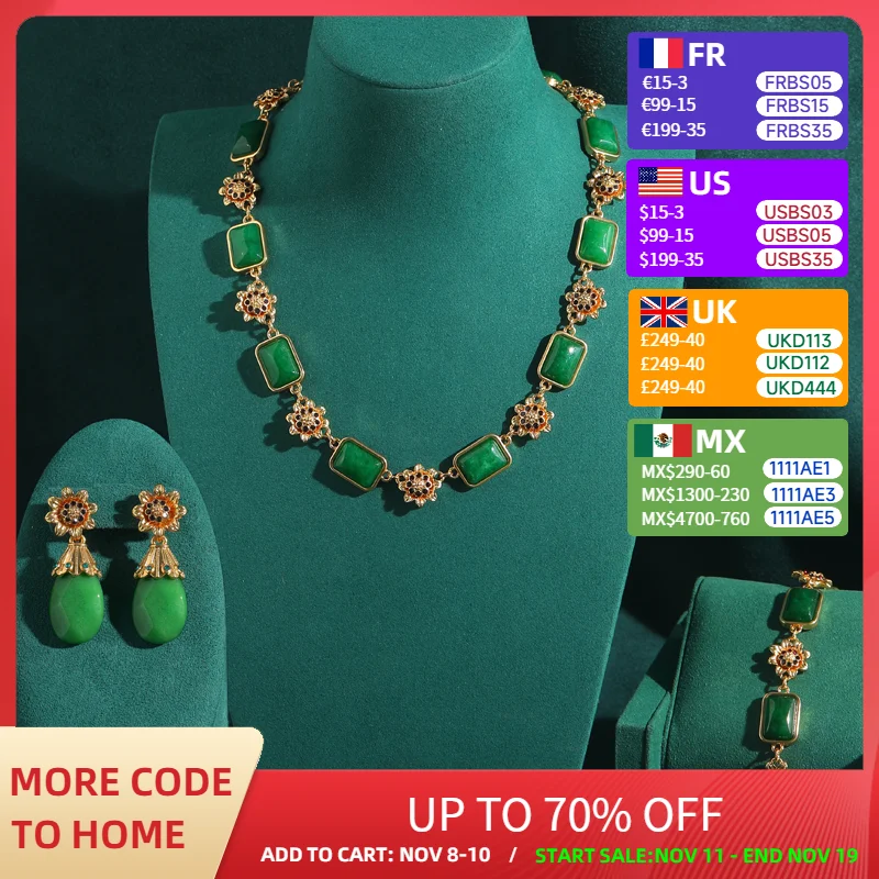 

Vintage Square Green Stone Jewelry Sets For Woman Antique Gold Color Daisy Flower Drop Necklace Earring Bracelet Rhinestones