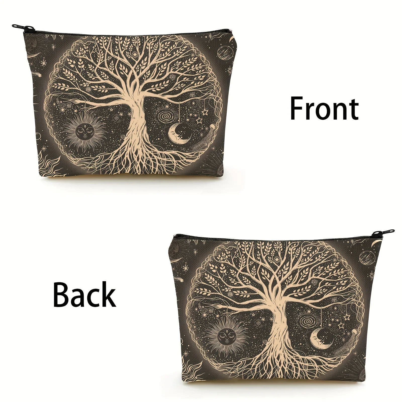 Tree of Life Galaxy Makeup Bag  Durable Zippered Cosmetic Pouch with Sun Moon Stars Cosmetic Bag Linen Fabric