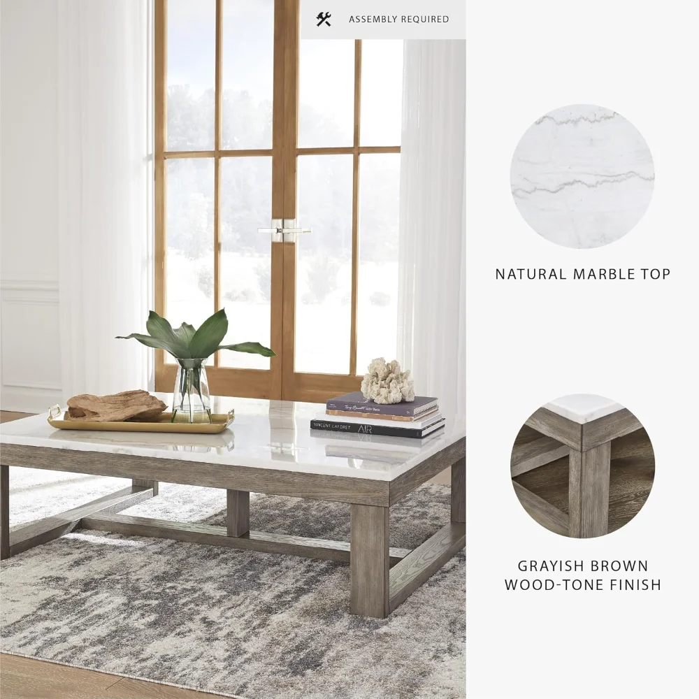 Signature Design by Ashley Loyaska Casual Cocktail Table with Natural Marble Top, White & Light Gray