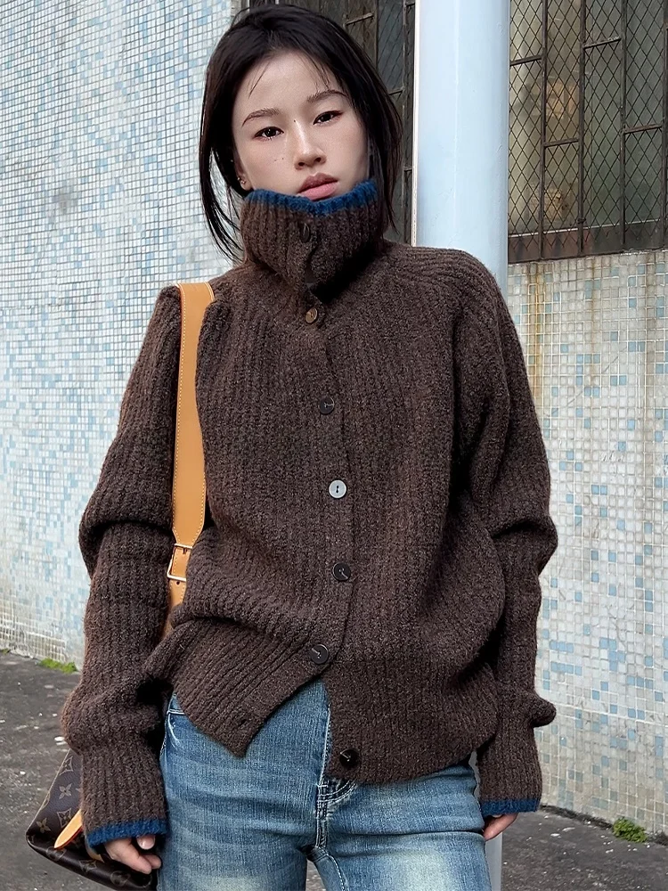 

May Muziya Coffee High Collar Knitwear Outerwear Women's Loose Long Sve Spring Autumn Open Cardigan Korean Sle Polyester