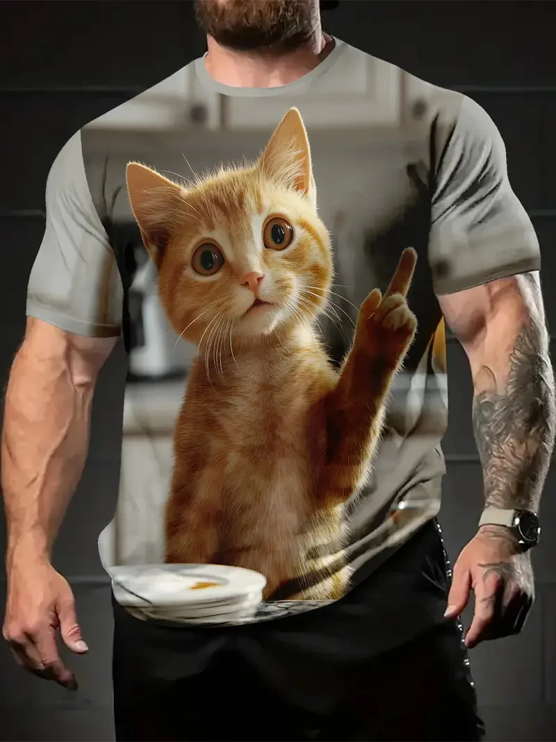 

3D Printed New Plus Size Men's Fun Cat Pattern Short Sleeve T-Shirt Creative Design Crew Neck Summer Outdoor Activities Tshirts