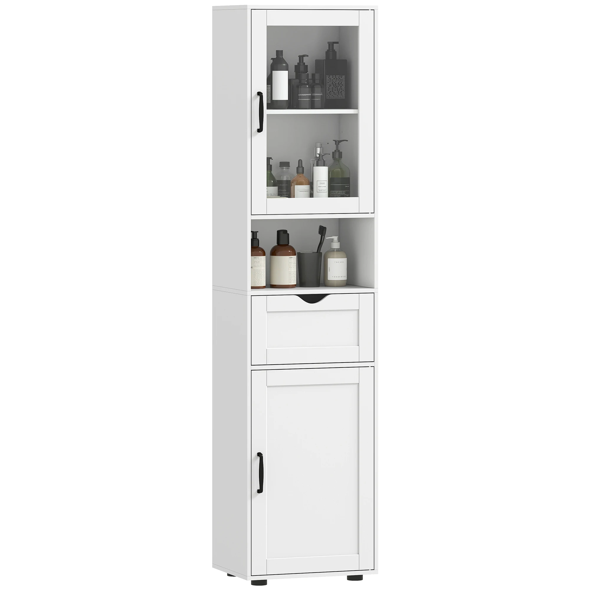HOMCOM Armario de Baño Alto, Mueble Auxiliar de Baño con Puerta de Vidrio, Estantes Ajustables, Cajón, Estante Abierto