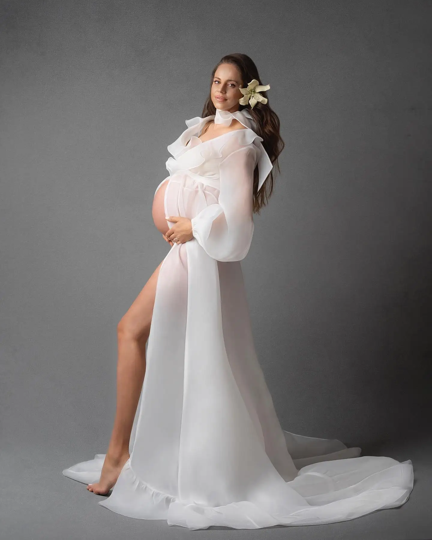 

Sexy White Prom Dress for Women Simple Ruched Maternity Gowns Women Illusion Full Sleeves Pregnancy Babyshower Bathrobe Gowns