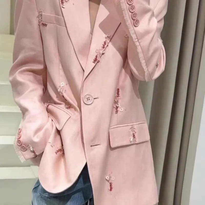 Vroege lente nieuwe unieke super knappe jeugdige modieuze halternek high-end elegante top roze colbert dameskleding