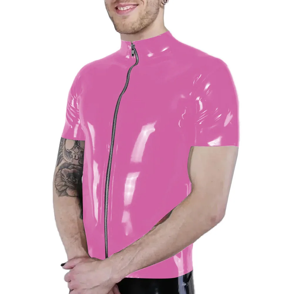 Men's Punk Style Shiny Pink Patent Leather Shirt,Short Sleeve Zipper,PVC Vinyl Blouse,Male Slim Fit,Stretch Casual Tops, 7XL,