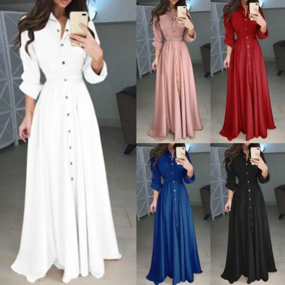 Autumn Winter Fashion Women's New Solid Color Long-sleeved Lapel Button All-match Long Shirt Dress Party Office 2024