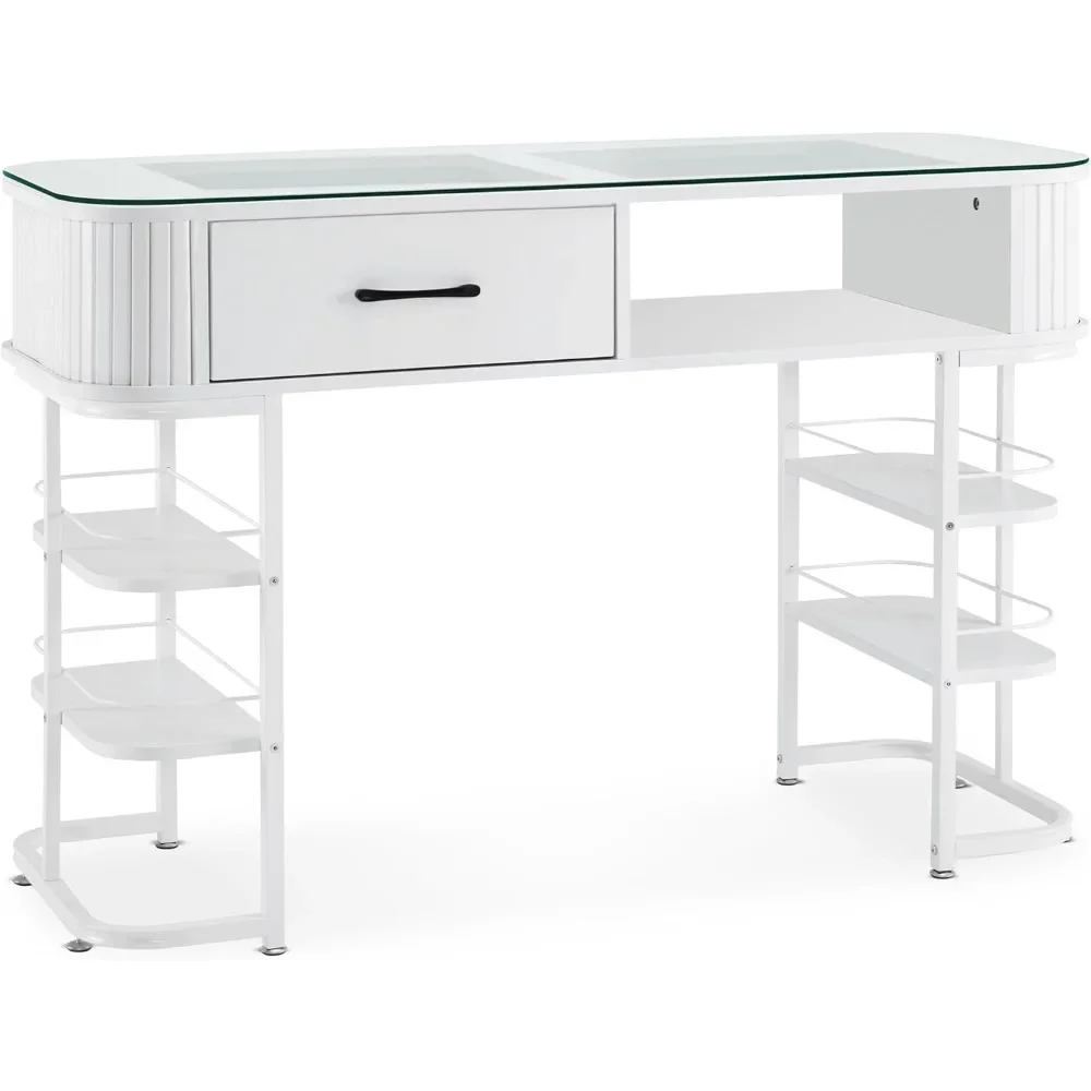 Manicure Table, Acetone-Resistant Nail Tech Desk with Glass Top, Beauty Stylist Equipment with Storage Shelves, Manicure Table