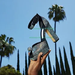 Lady bling platform design rhinestone sandals open toe party blue pumps sexy buckle chunky heel sandals elegant footwear size 46