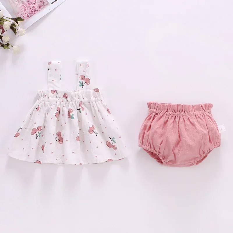 Baby Girl Summer Dress Suit Little Girl Clothes 0-2 Years Infant Toddler Cherry Sling Dress Bread Pants Two-piece Clothing Set