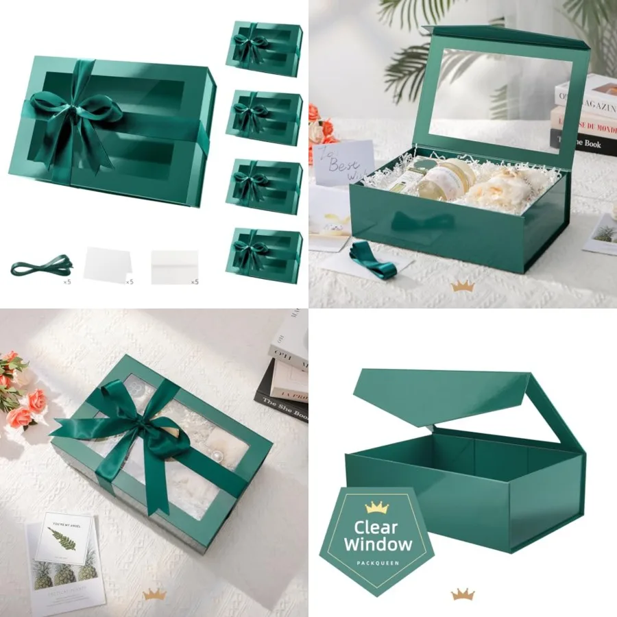 

5 Large Green Gift Boxes with Windows, 13.5x9x4.1 Inch Clear Gift Boxes for Presents Contain Ribbons, Cards, Groomsmen Proposal