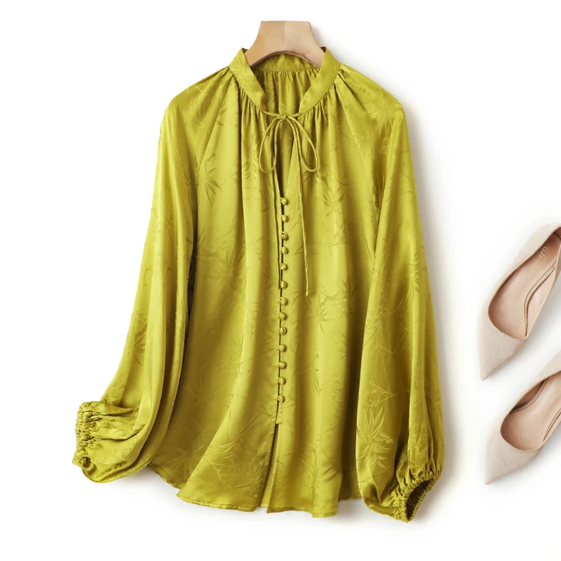 

100% Mulberry Silk Jacquard Silk Women Long Sleeve Shirt Lime Color Chinese Bow-tied Neck Buttons Down Top Blouse L XL FF074