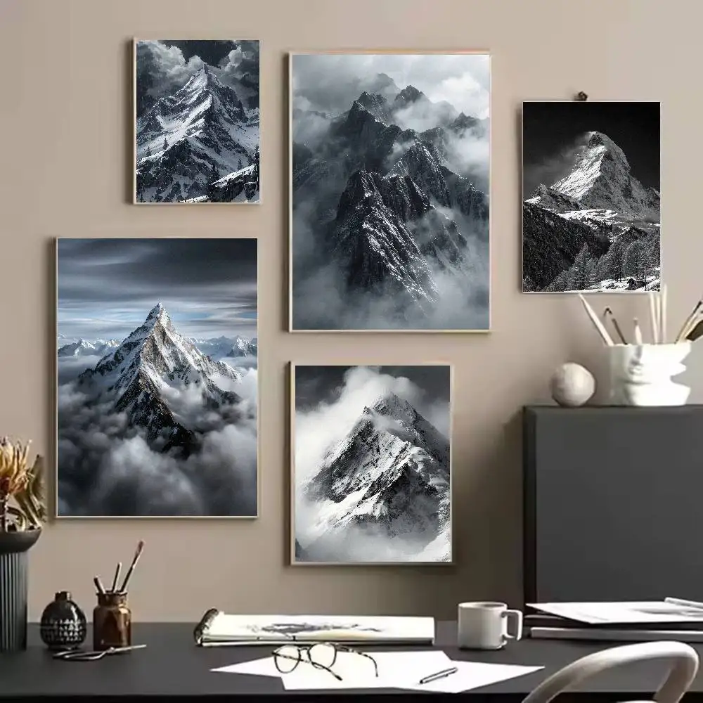 Black White Snow Mountain Poster, Misty Peak Cloudy Landscape Wall Art Print, Monochrome Nature Scenery Living Room Bedroom