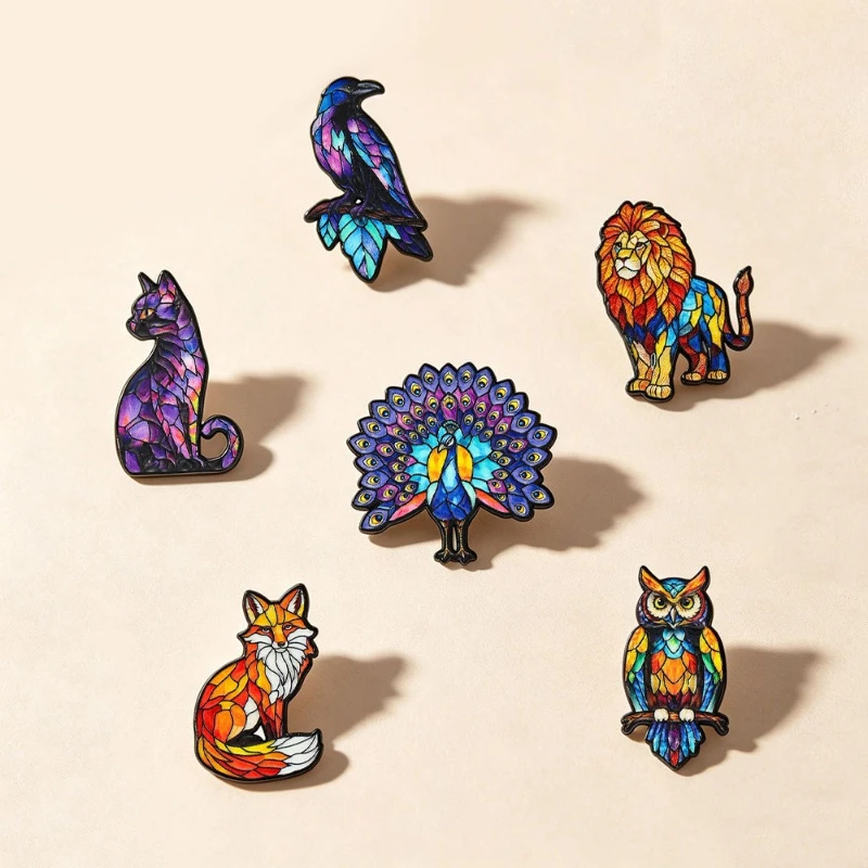 Innovative Colorful Plaid Animal Vintage Brooch Pin Peacock Fox Cat Lion Alloy Enamel Badge DIY for Clothing Bags Accessories