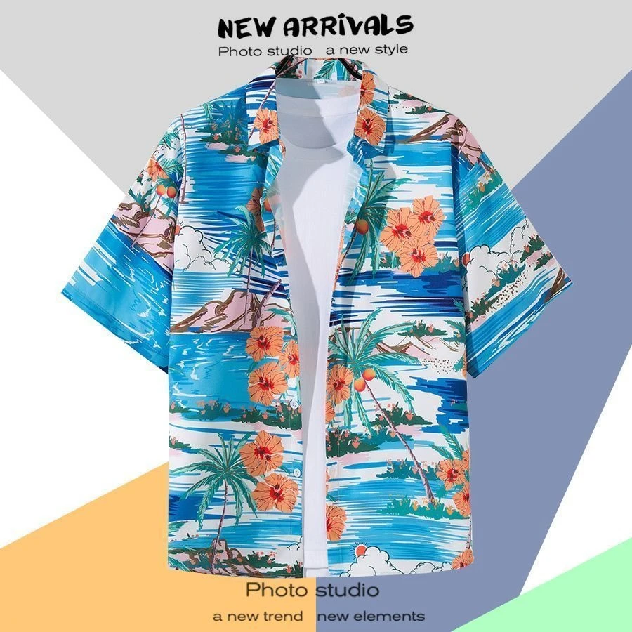 

Hawaiian Short Sleeved Shirt Vintage Loose Fitting Couple Beach Beach Ins Shirt Without Lining Only Single Piece Shirt Top