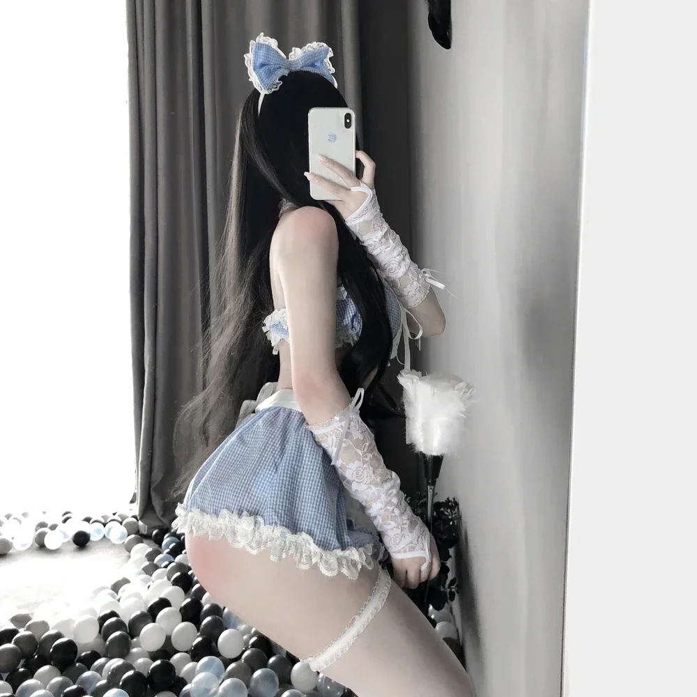 Anime Blue White Sailor Cosplay Costumes Kawaii Maid Outfit for Women Sexy Lingerie Crop Top and Skirt Set Outfit