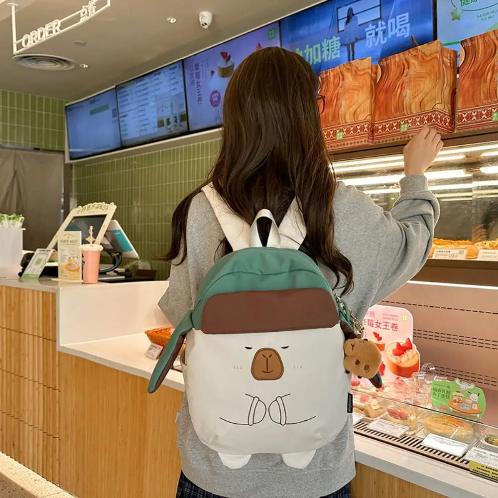 Kawaii Capybara Nylon Backpack Large Capacity Korean Style Capybara School Bag with Pendant Cartoon Students Book Bag Girls