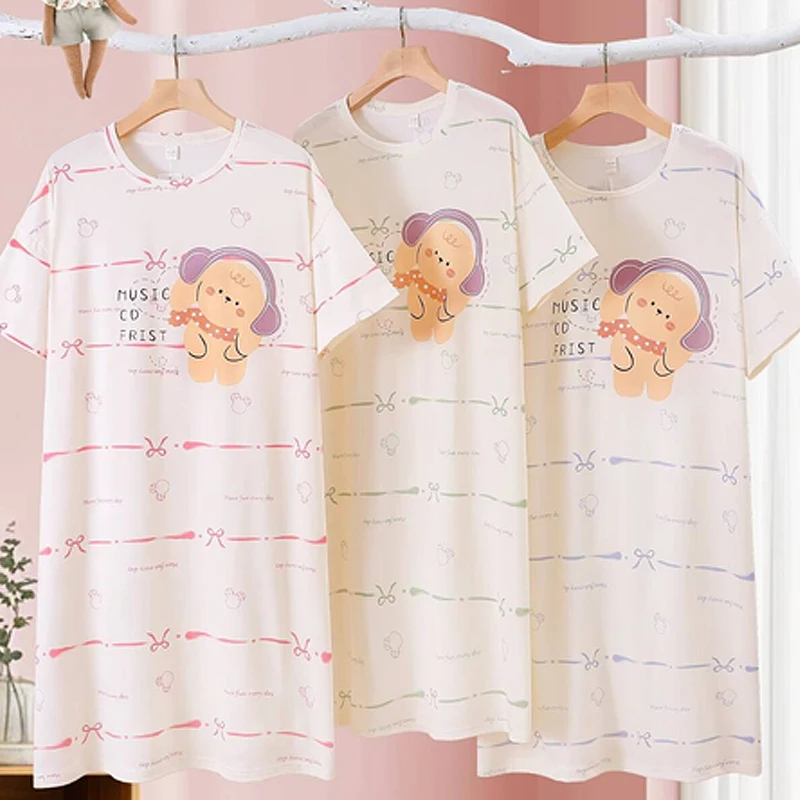فستان من نسيج القطن بيجامة صيفية لطيفة النسخة الكورية فستان نوم بأكمام قصيرة متوسط الطول للسيدات ملابس نوم صيفية حلوة