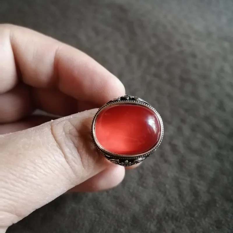 Antique Vintage Silver Inlaid Color-Changing Ruby, Adjustable Ring With Aged Patina