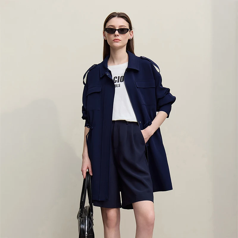 Amii Women's Trench Coat Dark Blue Khaki Spring Casual