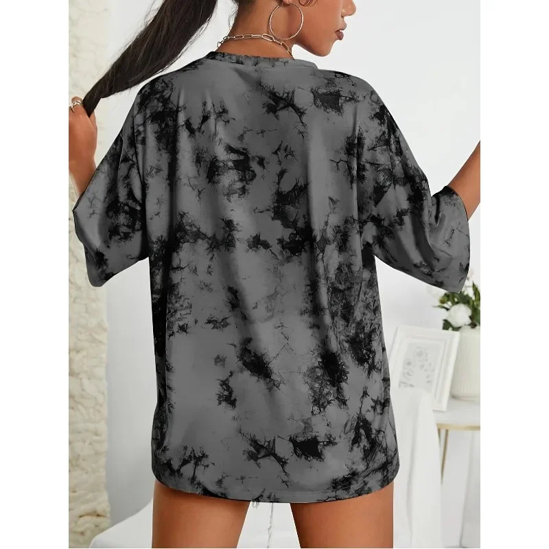 Plus Size New Women Fashion Tie Dye Contrasting Printed T-Shirt Ladies Round Neck Loose And Comfortable Short Sleeve Tops