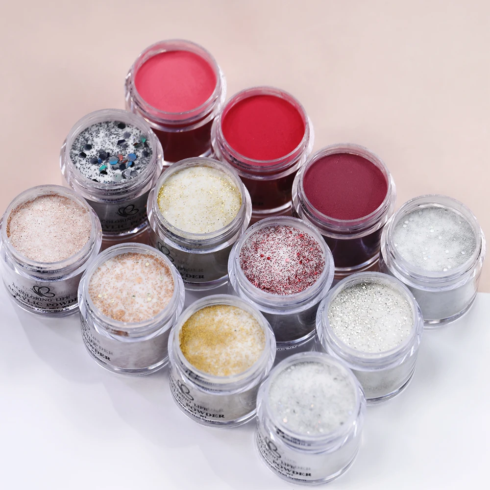 

12 Colors 10g Acrylic Nail Powder Glitter Red Gold Silver Shimmer Dipping Manicure Powder Long-Lasting Professional Nail Pigment