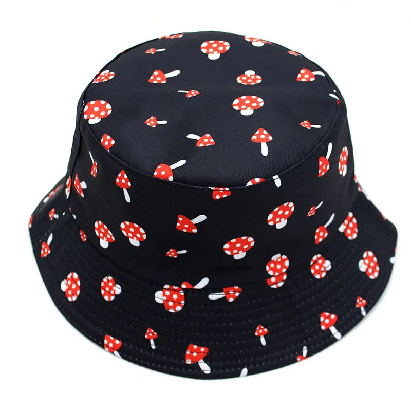 Bocca Mushroom Printed Bucket Hat Reversible Bucket Hats Foldable Cotton Cap Unisex Fisherman Hat Double-sided Sunscreen