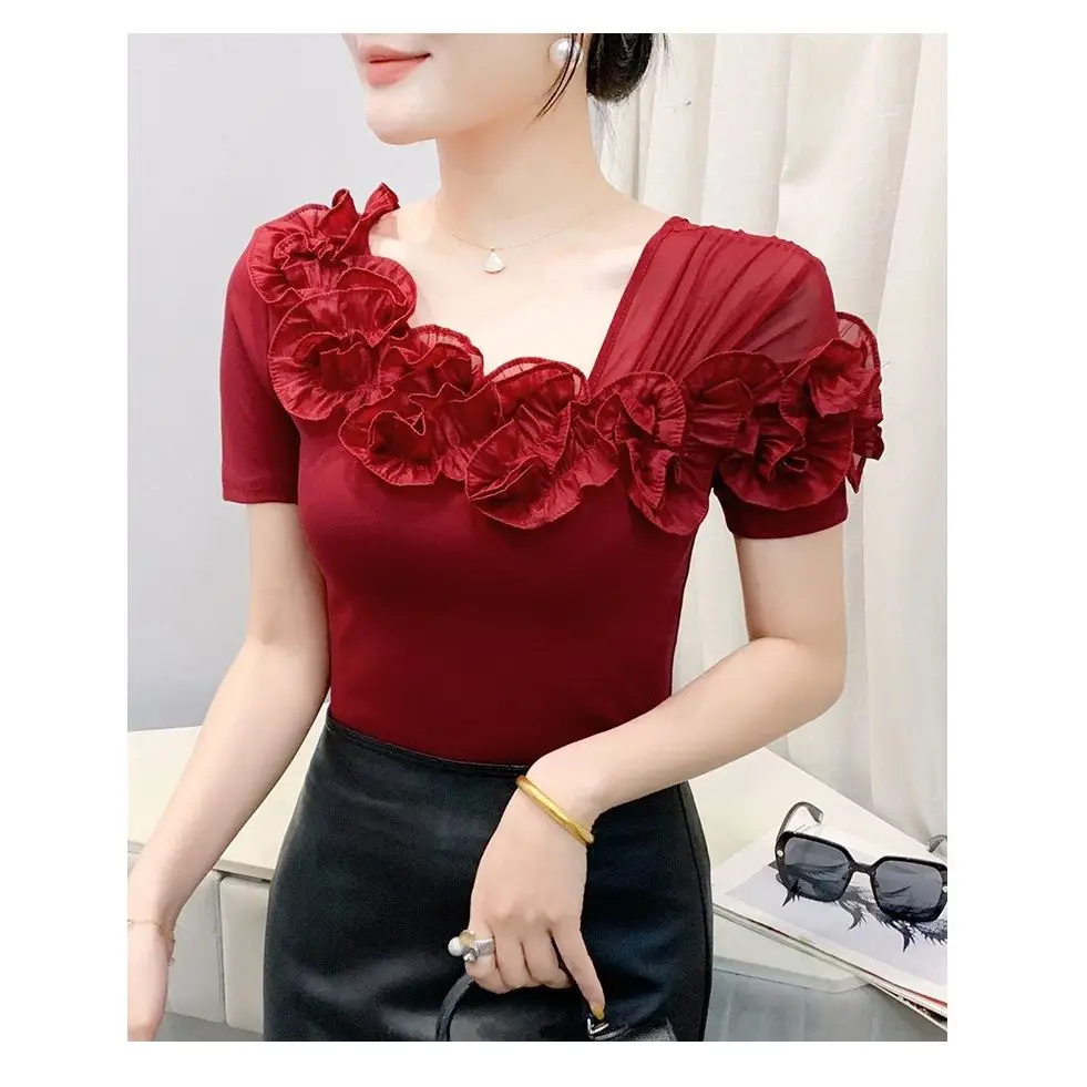 Summer 2025 Fashion Floral Lace Ear Trim Slim Fit Short Sleeve T-Shirt Shoulder Bared Casual Style Women's Polyester Shirt