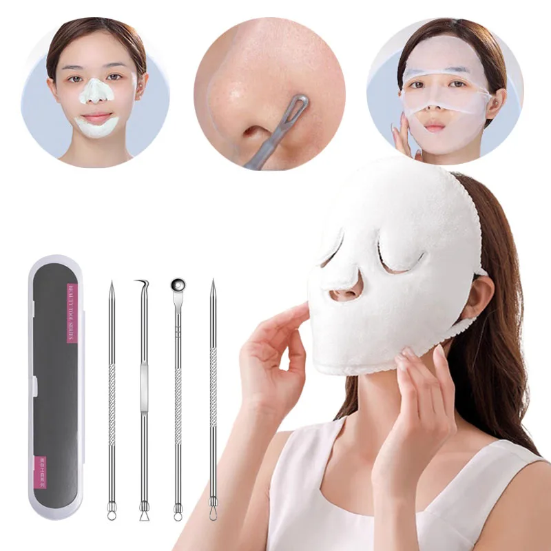 

5pcs Blackhead Acne Removal Tools Set Reusable Hot Compress Face Towel Stainless Steel Acne Clip Pimple Needle Skin Care Tools