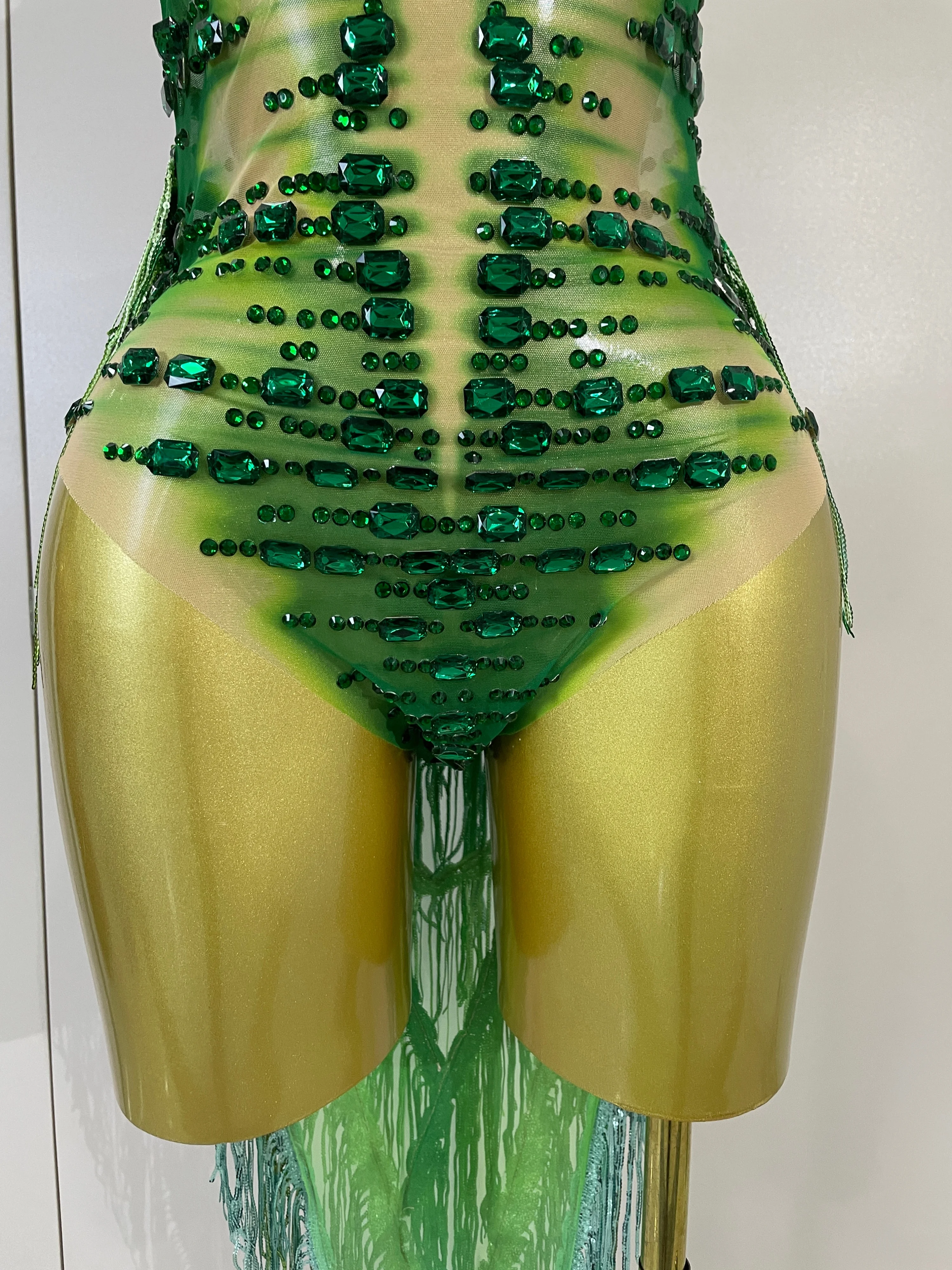 2026 Sparkly Green Rhinestone Tassels Sexy Mesh Bodysuit Eveing Party Birthday Latin Dancer Nightclub Performance Stage Costume