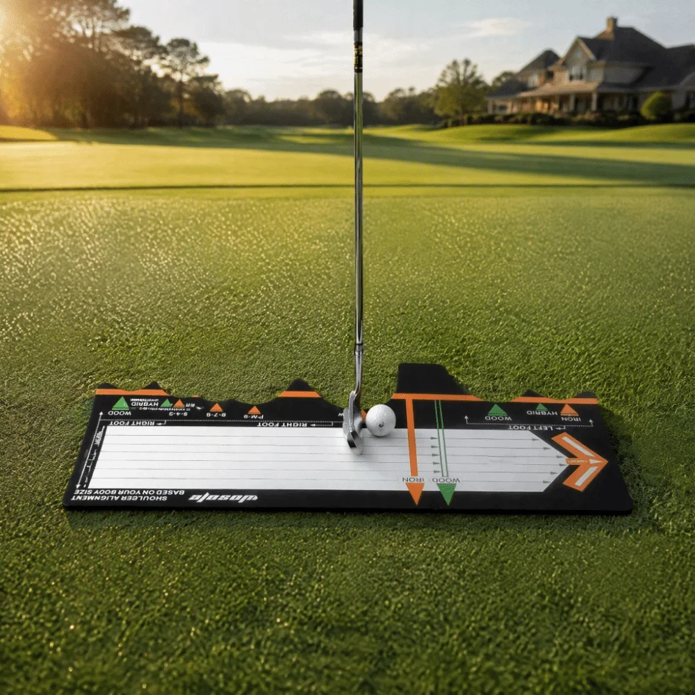 tapete-de-treinamento-de-golfe-em-superficie-de-lama-diatomacea-30-×-67-cm-laranja-com-detalhes-verdes-base-principal-preto-e-branco