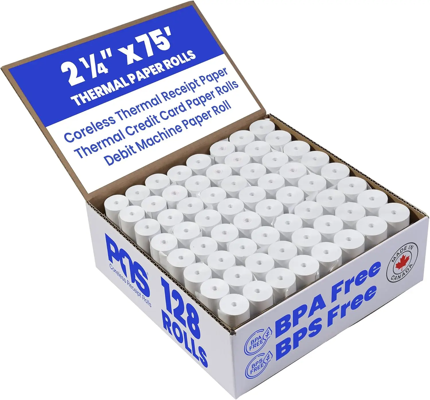 

2 1/4 x 75 ft Coreless Thermal Paper Rolls, 128 Rolls, 38mm Diameter, BPA Free