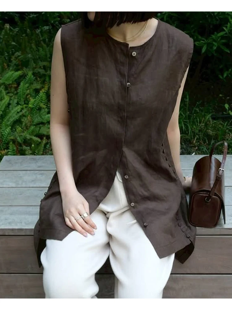 

Loose Fit Linen Svel round Ne irt Women's Sle Artistic Commute Design Button Front ort Ba Long Vest irt