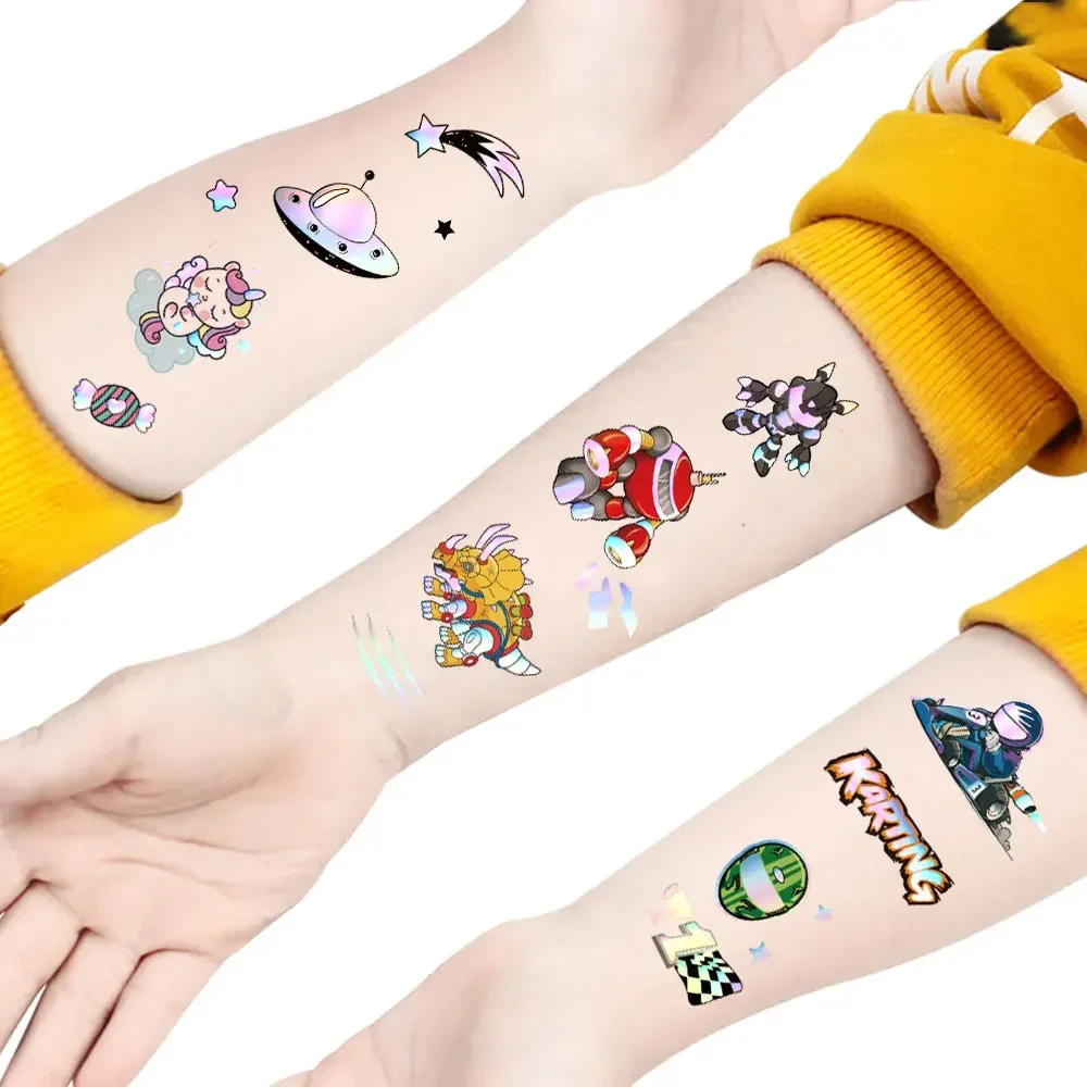 Pegatinas de tatuaje de dibujos animados láser para niños, tatuajes temporales impermeables, UFO, monstruo, diseño de unicornio, tatuaje de mano falso para coche