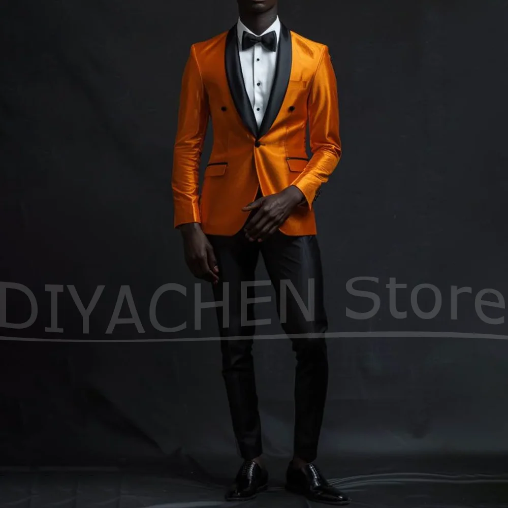 

Мужской атласный костюм, двубортный пиджак с шалью и лацканами и брюками, модный тонкий формальный смокинг для свадебной вечеринки, выпускного вечера, из двух предметов