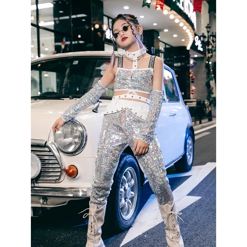 

ZZL Y2K Girls Urban Street Dance Jazz Outfits K-pop Stages Clothes White Silver Sequin Dress Suit Runway Performance Show Wear