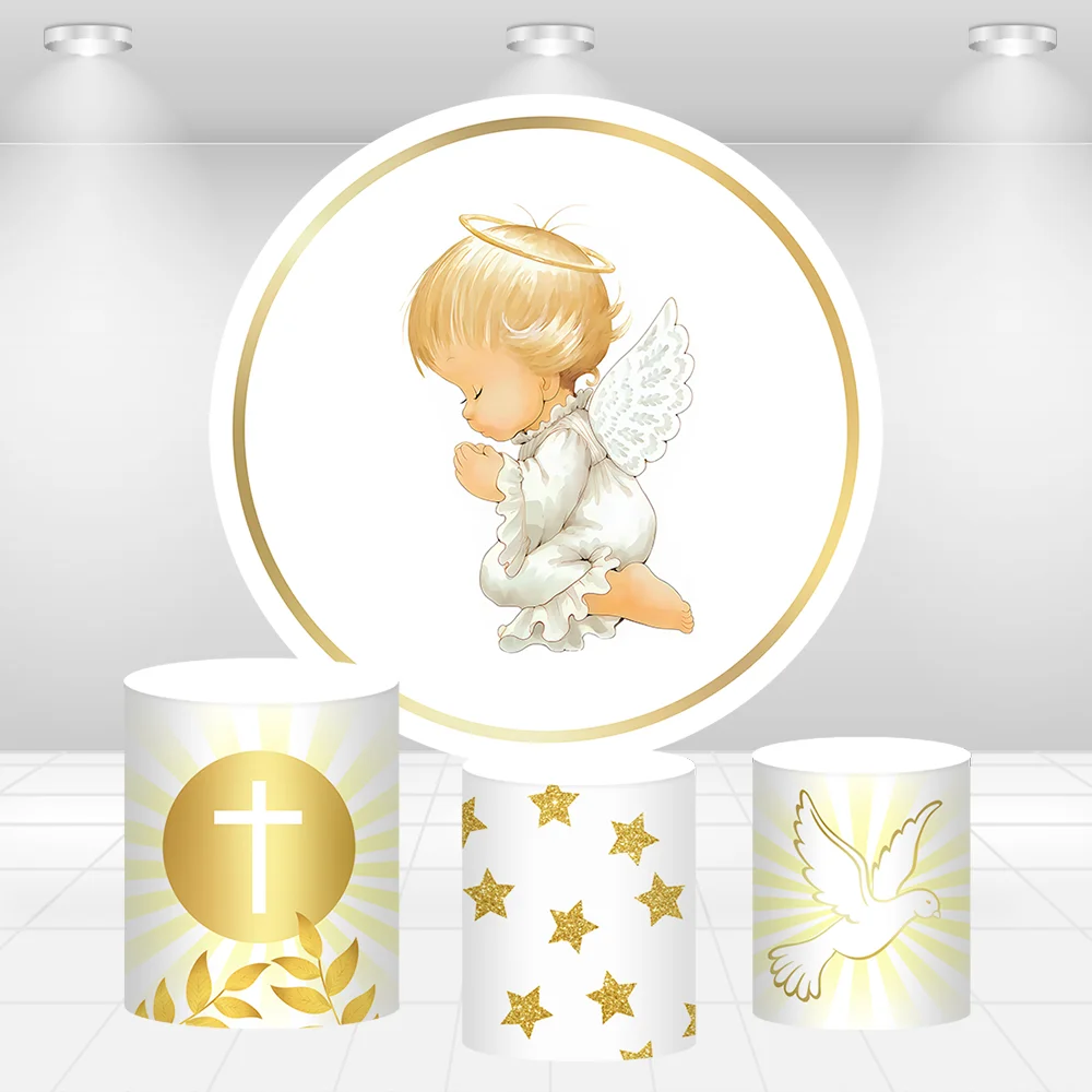 Boy Girl Angel My First Communion Party Round Backdrop Cover Baby Shower Party Decor My Baptism Circle Background Plinth Covers