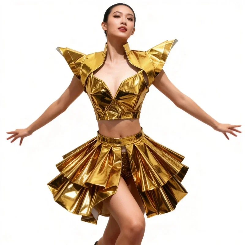 

Сценический костюм для выступлений: золотисто-серебристая кожаная мини-юбка с лазерной обработкой для ночных клубов, баров, танцоров Gogo, джазовых танцевальных команд