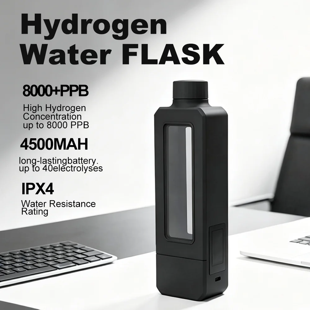 8000ppb Hydrogen Water Bottle 400ml, UV-C & Self-Cleaning Backwash, 4500mAh Massive Battery, SPE PEM High Pressure H2 Maker