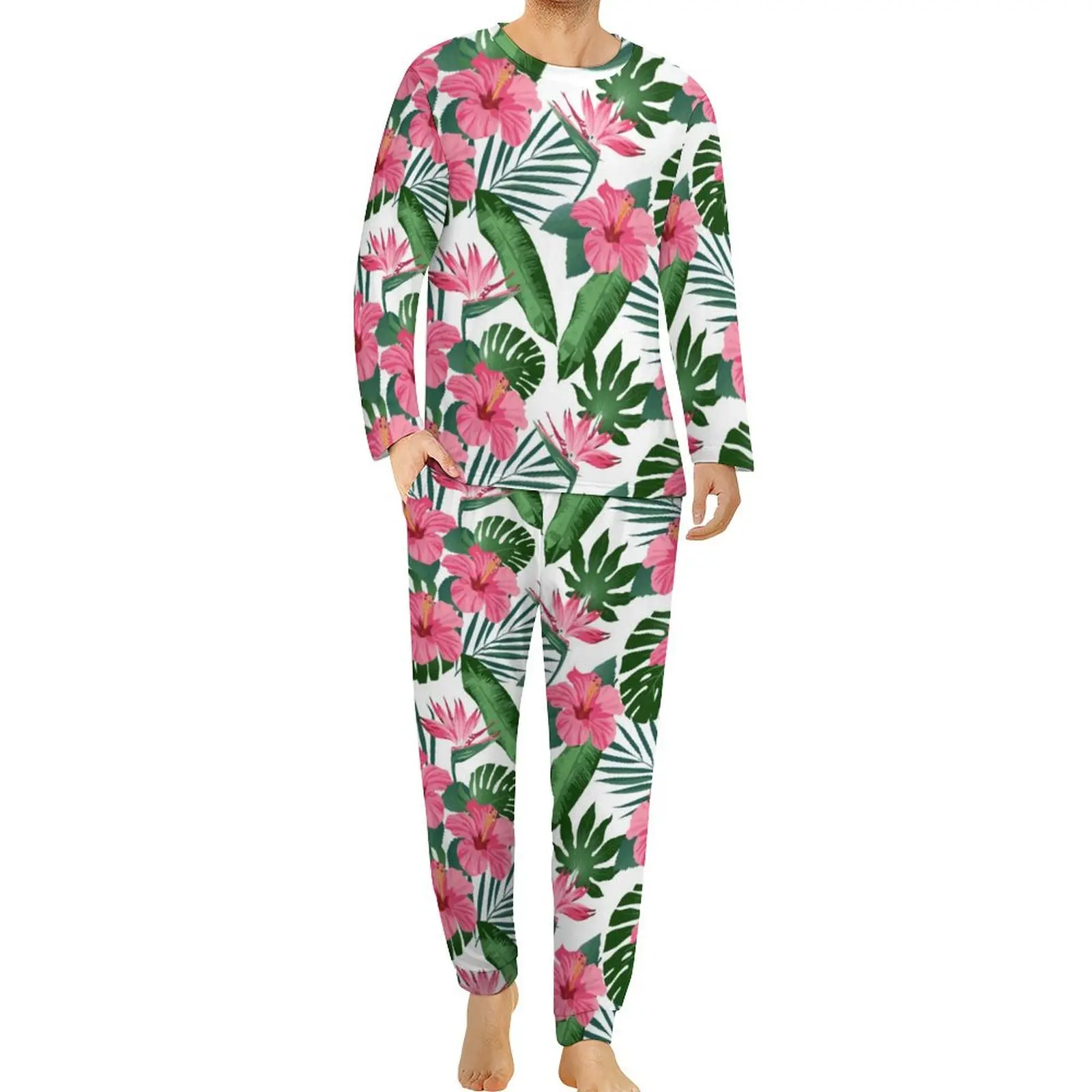 

Tropical Leaves Pajamas Daily 2 Pieces Hibiscus Flower Print Retro Pajama Sets Men Long-Sleeve Bedroom Sleepwear Big Size