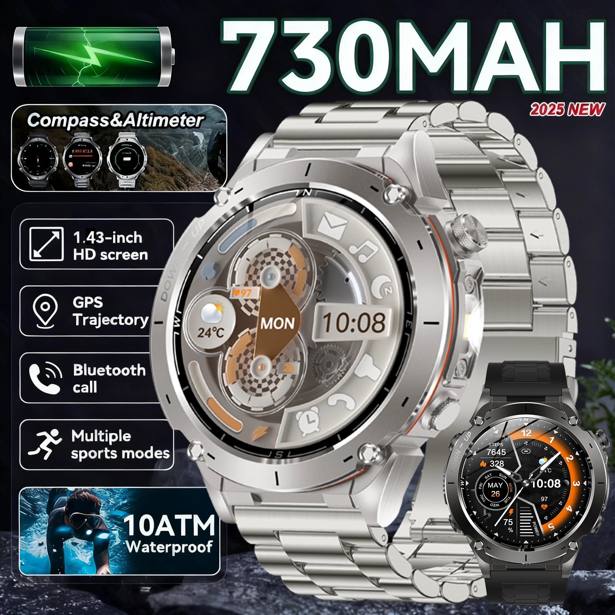 

2025New Smart Watch Men 730mAh Large Capacity Battery Outdoor Flashlight Bluetooth Call Waterproof Sport Fitness Smartwatch Gift